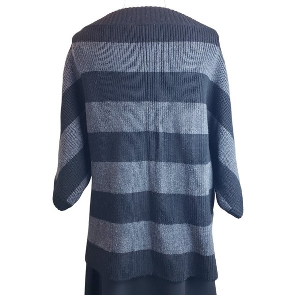 Tory Burch Heavy Warm 100% Wool Oversize Sweater Black Gray Wide Stripe M - Picture 7 of 14